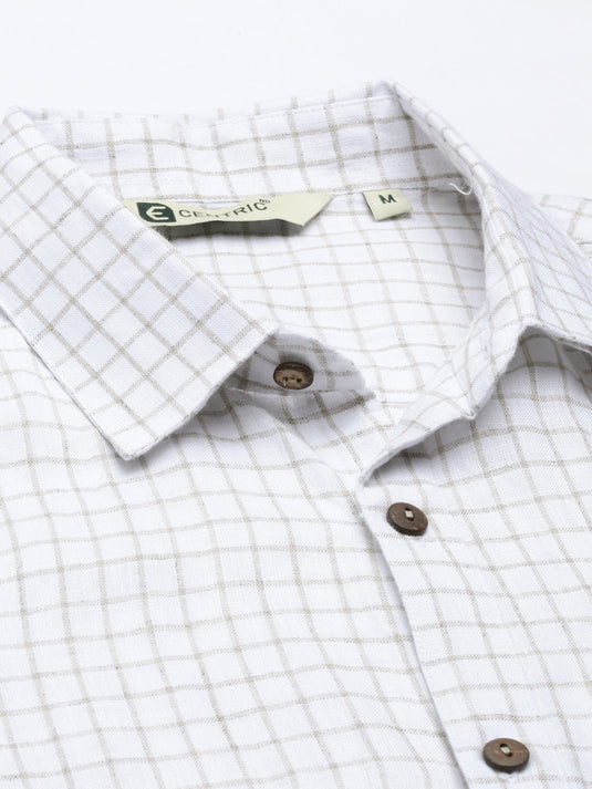 Men White Beige Checks Hemp Full Sleeve Shirt