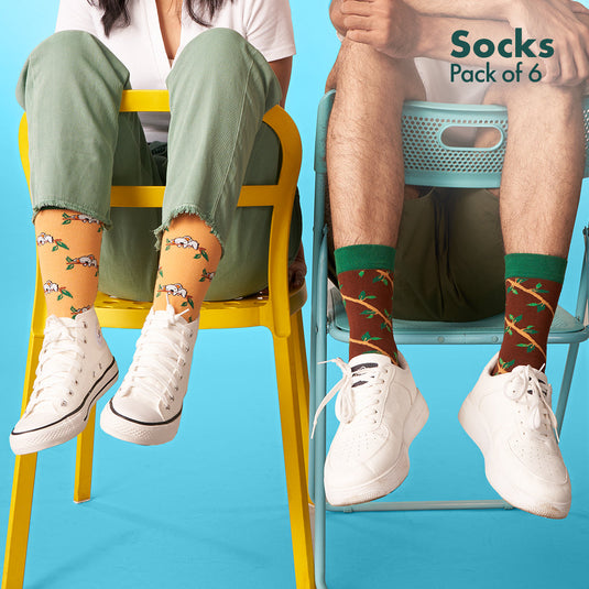 Animalholic Series 1! + Series 2! Unisex Socks, 100% Organic Cotton, Crew Length, Pack of 6