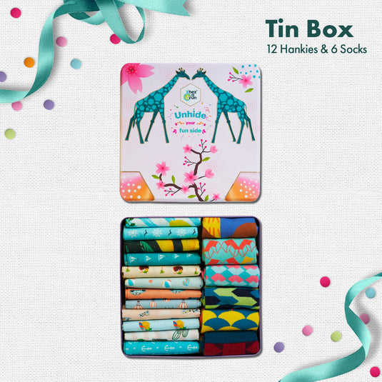 GMT! Giraffe Mood Time! Tin Gift Box, 12 Men's Hankies + 6 Unisex Ankle Length Socks, 100% Organic Cotton, Box of 18