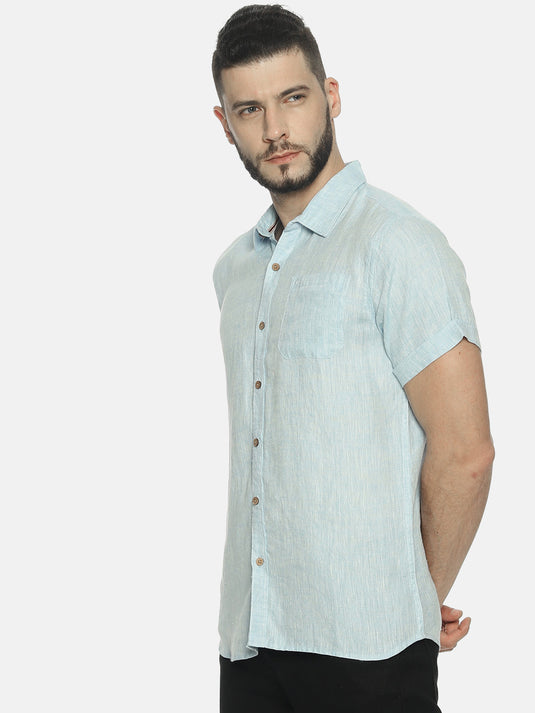 Men Sky Blue Hemp Casual Half Sleeve Shirt