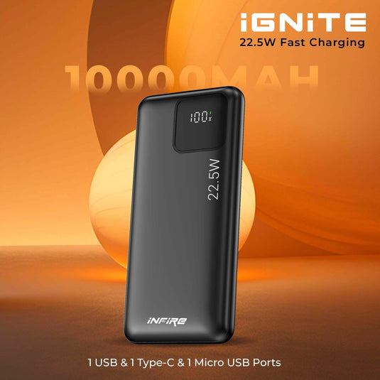 IGNITE QC PD Power Bank 22.5W Fast Charging | 1 USB Output , 1 Micro USB Input, Type C (Input & Output)| LED Display, Lightweight | Lithium Polymer Power Bank - iNFiRe