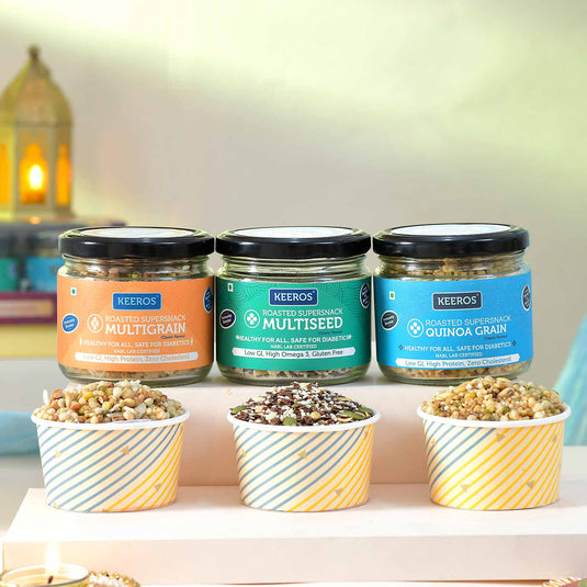 Keeros Healthy Diwali Gift Hamper of 3 Supersnack Jars  | Combo of Sweet & Salted, Tasty & Nutritious Super Snacks in Glass Jars Packed in a Beautiful Gift Hamper