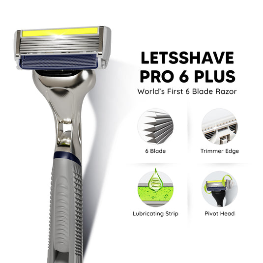 LetsShave Pro 6 Plus Lite Face & Body Shaving Razor Shaving Kit World's First 6-Blade Razor with Precision Trimmer - Razor + Shave Foam + After Shave Balm 30 ml + Travel Pouch + Razor Cap