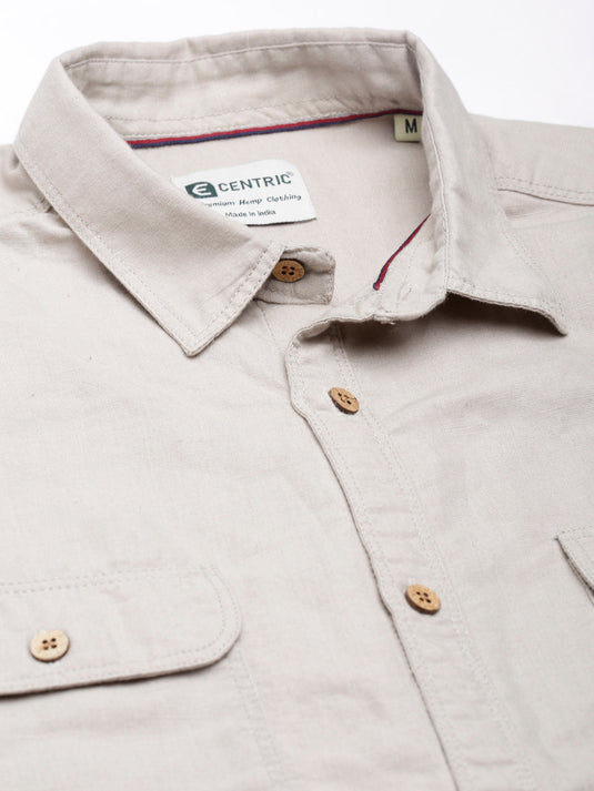 Men Hemp Beige Double Pocket Utility Shirt