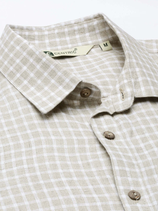 Men Beige White Checks Hemp Formal Full Sleeve Shirt