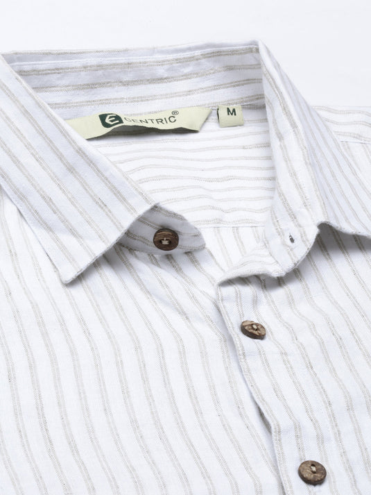 Men White Beige Stripes Hemp Formal Full Sleeve Shirt