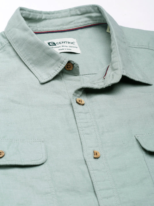 Men Hemp Lily Green Double Pocket Utility Shirt