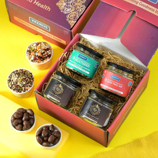 Keeros Healthy Diwali Sweet Gift Hamper with a variety of Chocolate Coated Almond, Cashew & Tasty & Nutritious Super Snacks in Beautiful Glass Jars Packed in Premium Gift Hamper |