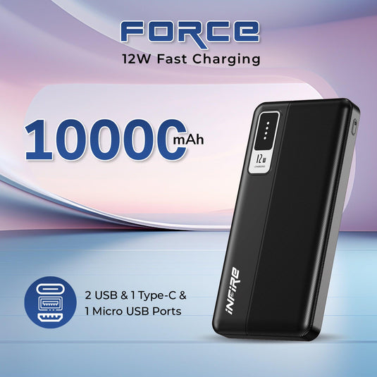 Force 10000mAh Power Bank 12W Fast Charging | Dual USB Output , 1 Micro USB Input, 1Type C Input |LED Indicator, Lightweight| Lithium Polymer Power Bank (Black) - iNFiRe