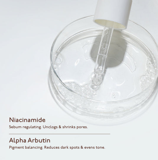 Niacinamide serum best for large, open, clogged pores and to reduce blackheads. Alpha Arbutin helps reduce dark spots and evens tone