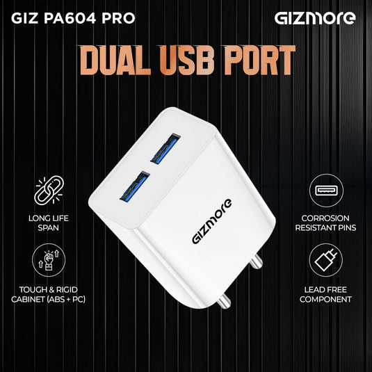 GIZMORE PA604C PRO 5V/2.4A Fast Charging Adapter with Inbuilt Type-C Cable