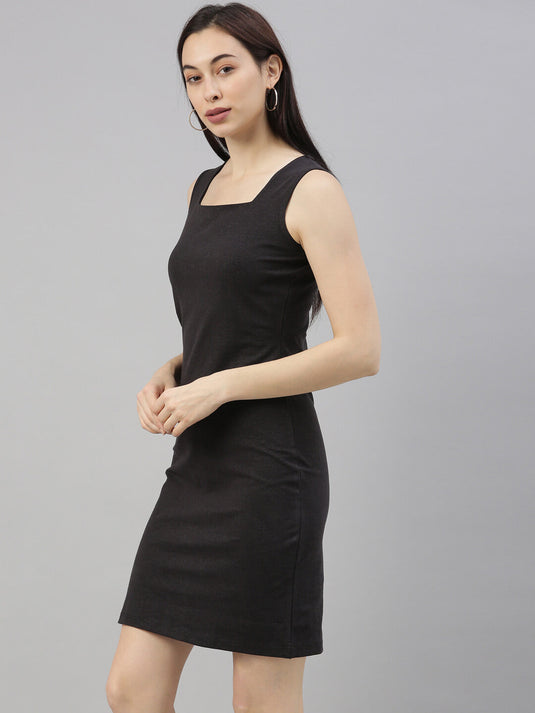 Women Black Sleeveless Bodycon Solid Hemp Sheath Dress