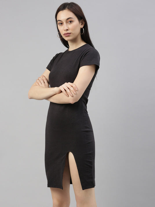 Women Black Single-Slit Roundneck Hemp Solid T-Shirt Dress