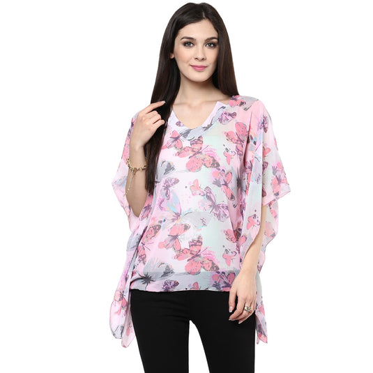 Pannkh Women's Pink Butterfly Kaftan Top