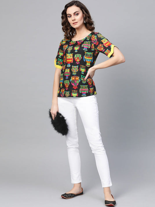 Black Owl Print Top