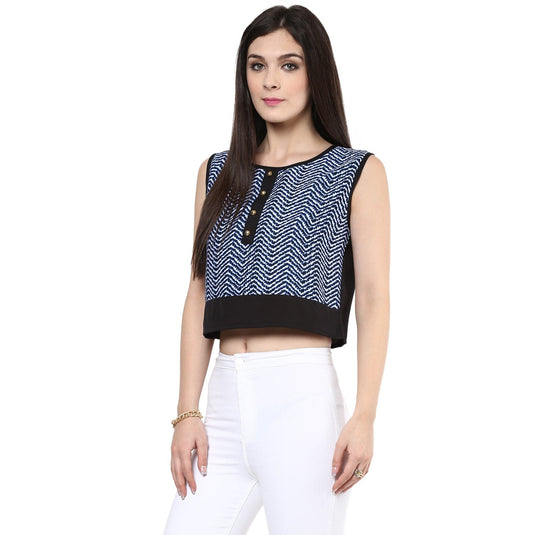 Pannkh Women's Blue Buttoned Crop Top