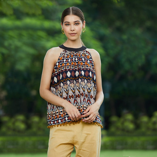 Mustard Ikat Tassel Top