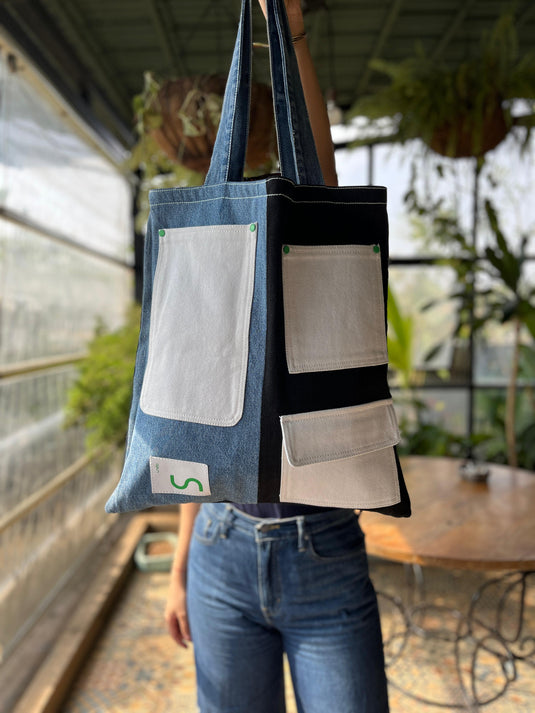 Multi-Pocket Reversible Denim Tote Bag