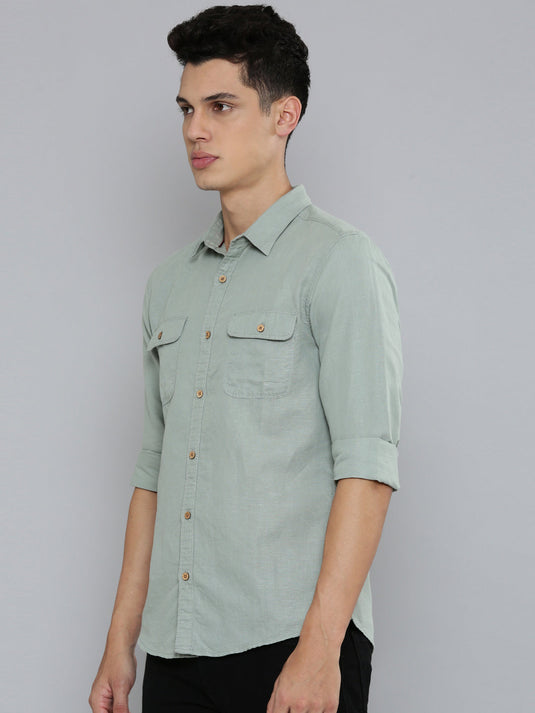 Men Hemp Lily Green Double Pocket Utility Shirt