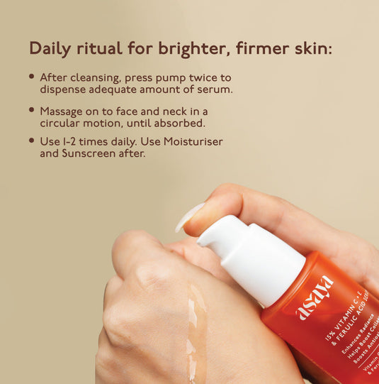 Use Asaya Vitamin C serum twice daily on clean face and neck for brighter, firmer skin