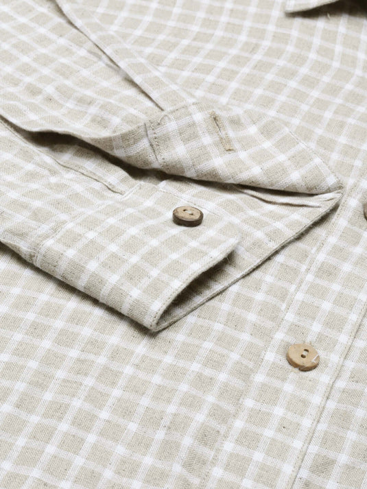 Men Beige White Checks Hemp Formal Full Sleeve Shirt