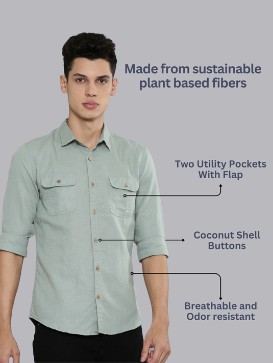 Men Hemp Lily Green Double Pocket Utility Shirt