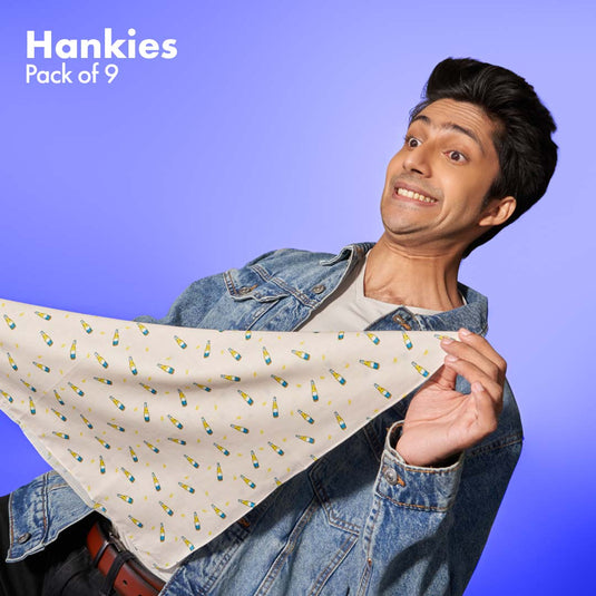 Travelicious! + Happy High! + Now You Sea Me! Unisex Hankies, 100% Organic Cotton, Pack of 9