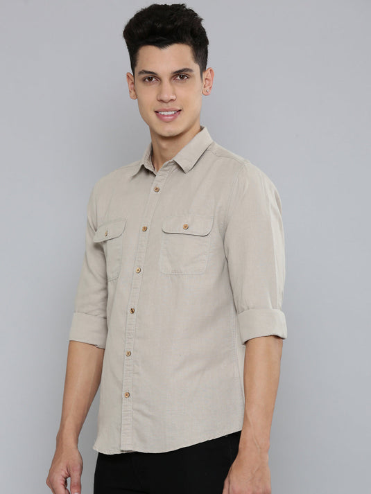 Men Hemp Beige Double Pocket Utility Shirt