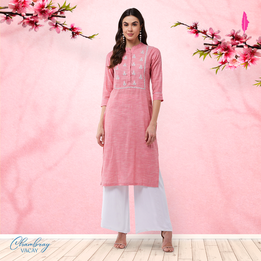 Yoke Embroidered Chambray Kurta