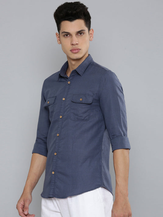 Men Hemp Midnight Blue Double Pocket Utility Shirt