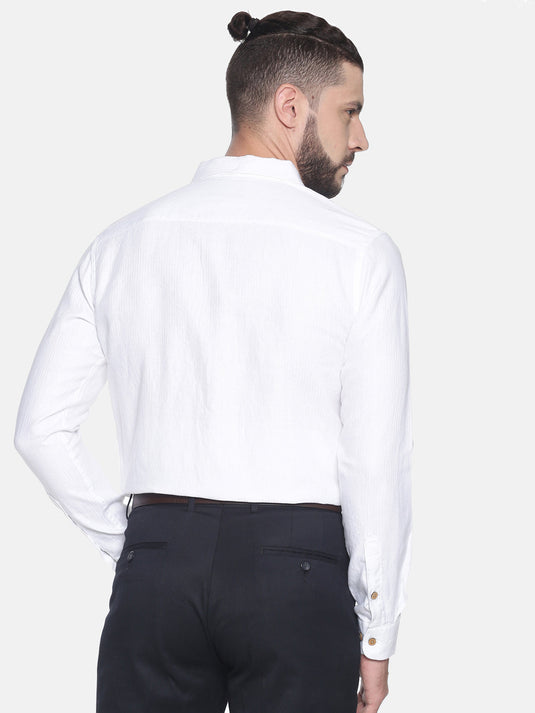 Men Herringbone White Hemp Formal Full Sleeve Shirt