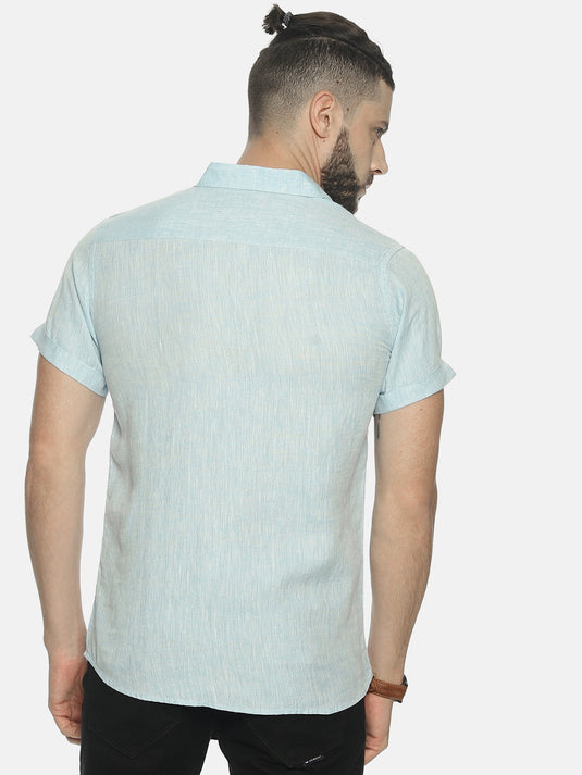 Men Sky Blue Hemp Casual Half Sleeve Shirt