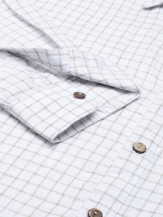 Men White Beige Checks Hemp Full Sleeve Shirt