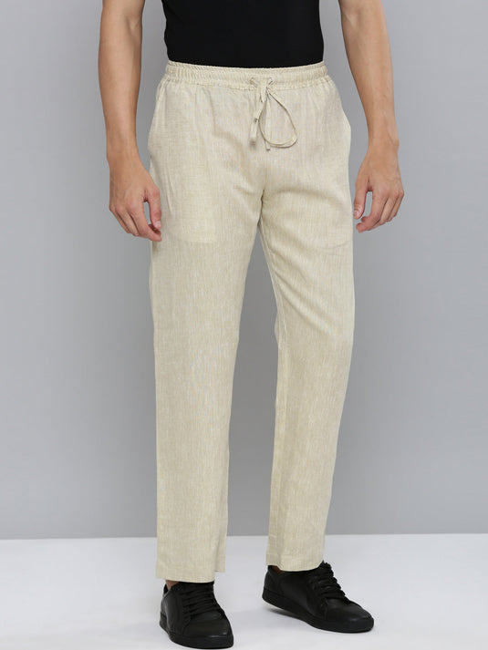 Men Hemp Beige Broad Bottom Comfort Pant