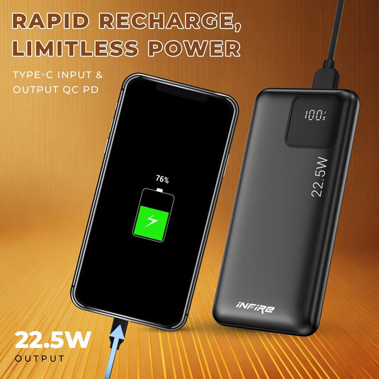 IGNITE QC PD Power Bank 22.5W Fast Charging | 1 USB Output , 1 Micro USB Input, Type C (Input & Output)| LED Display, Lightweight | Lithium Polymer Power Bank - iNFiRe