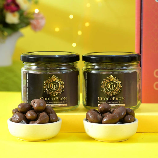 Keeros Healthy Diwali Sweet Gift Hamper with a variety of Chocolate Coated Almond, Cashew & Tasty & Nutritious Super Snacks in Beautiful Glass Jars Packed in Premium Gift Hamper |