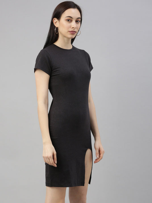 Women Black Single-Slit Roundneck Hemp Solid T-Shirt Dress