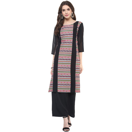 Pannkh Women's Dull Border Print Sheer Panel Kurti