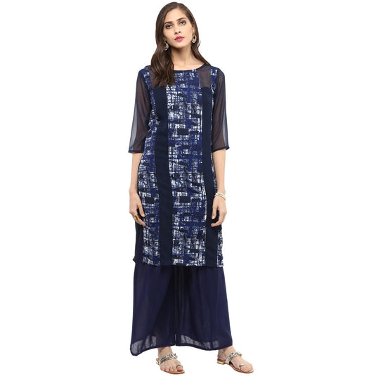 Pannkh Women's Navy Sheer Panelled Kurta