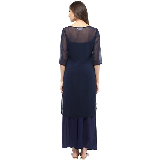 Pannkh Women's Navy Sheer Panelled Kurta