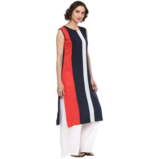 Pannkh Women's Vertical  Color-Block Straight Kurta