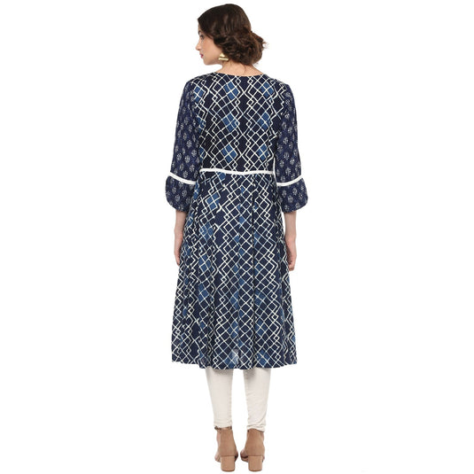 Pannkh Women's Indigo Printed Raglan Flared Kurta