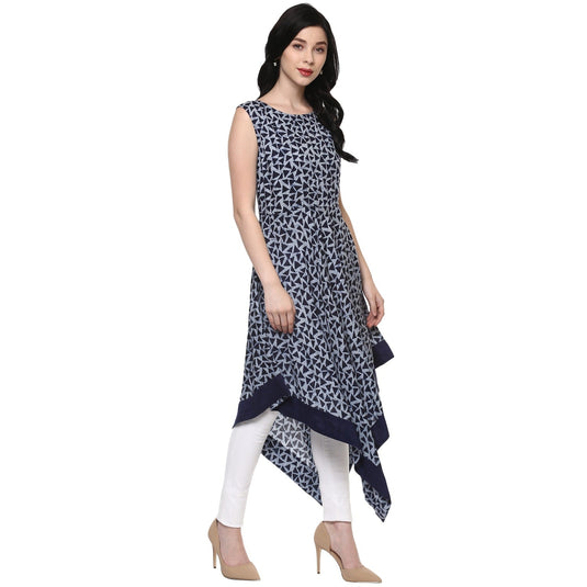 Pannkh Women's Printed Indigo Asymmetric Kurta