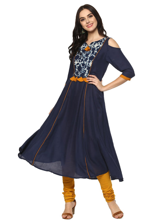 Pannkh Women's Solid Anarkali Cold-Shoulder Kurta