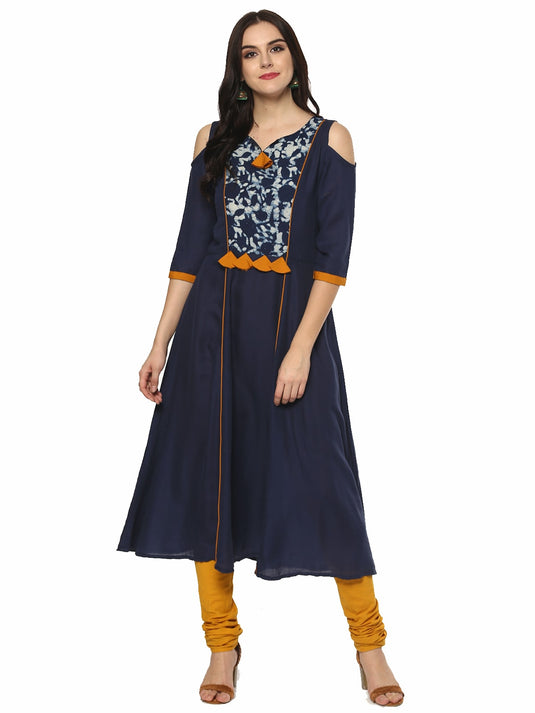 Pannkh Women's Solid Anarkali Cold-Shoulder Kurta