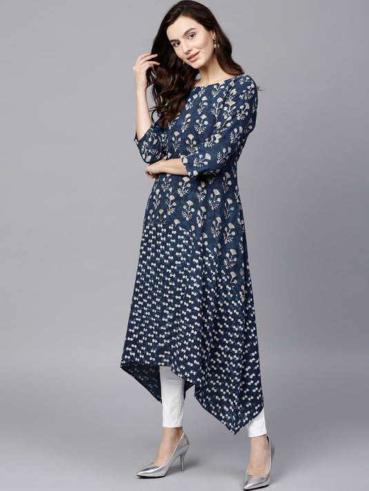 Pannkh Women's Indigo Dabu Printed Loose Kurta