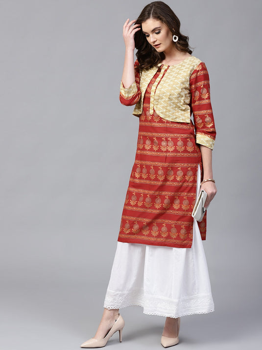 Pannkh Women's Straight Gold Print Kurta