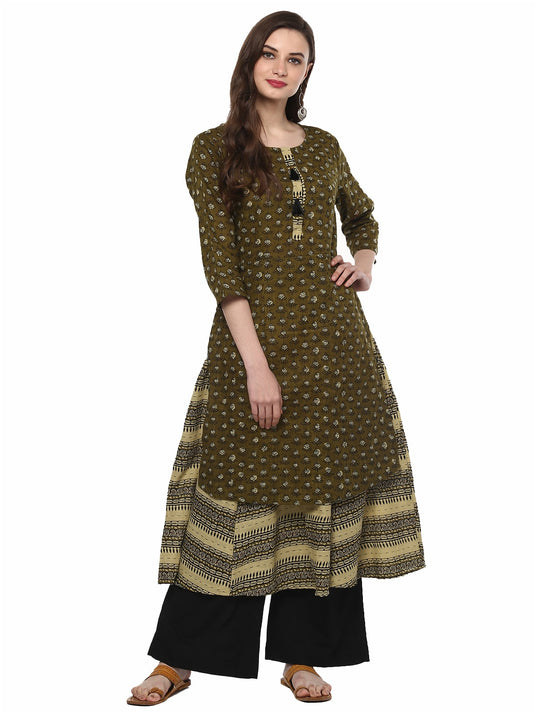 Pannkh Womens Slub Print Layered Kurta