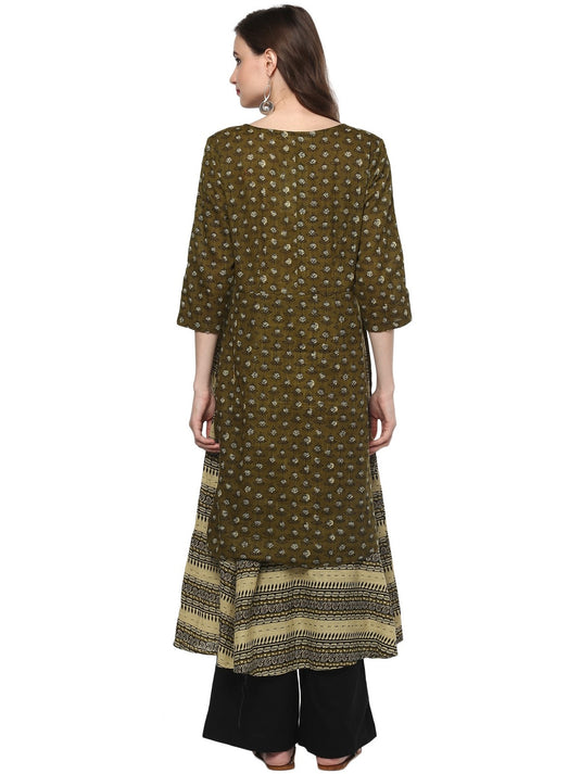 Pannkh Womens Slub Print Layered Kurta