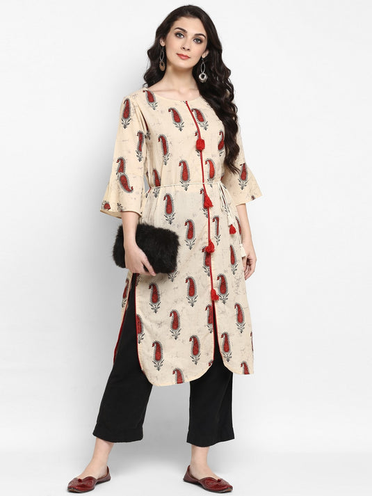 Beige Paisly Printed Kurta